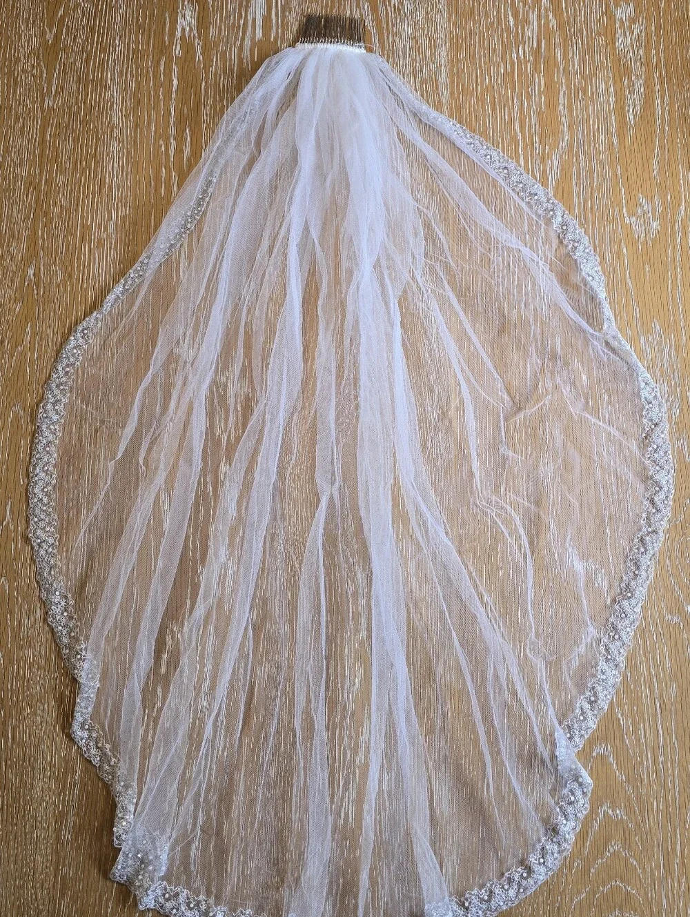 Elegant Beaded White Tulle Bridal Veil